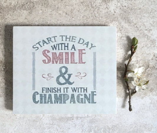 East of India - coaster - start the day with a smile & finish it with champagne