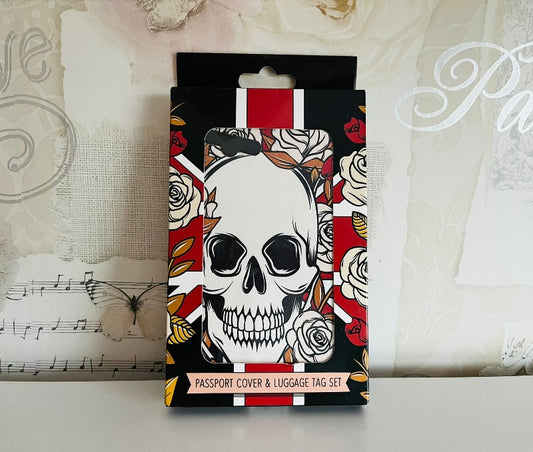 Passport cover & luggage tag gift set - skulls & roses design