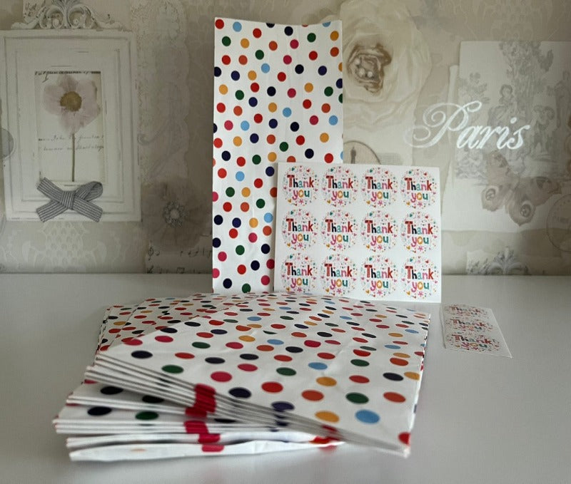 Paper bags - rainbow spots and thank you stickers (pack of 36)