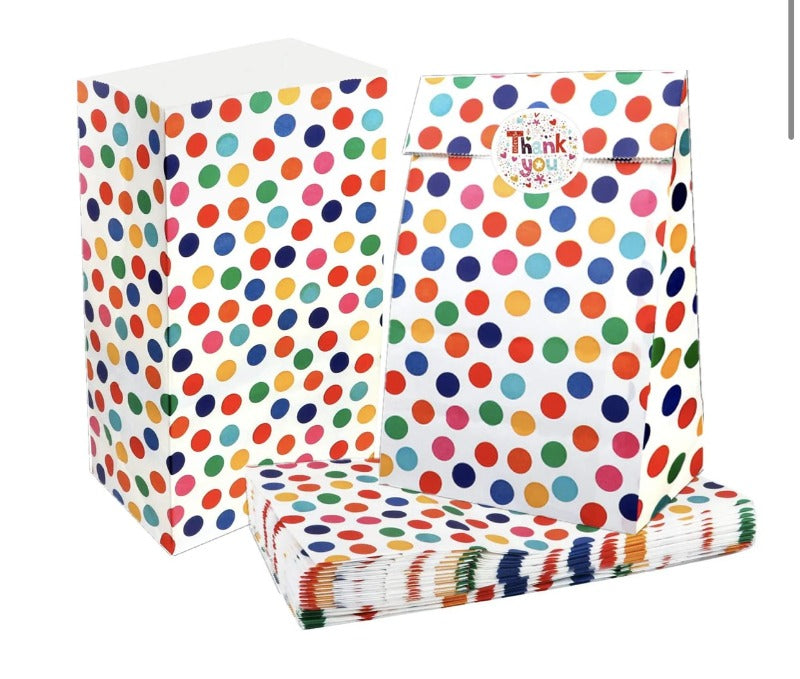 Paper bags - rainbow spots and thank you stickers (pack of 36)