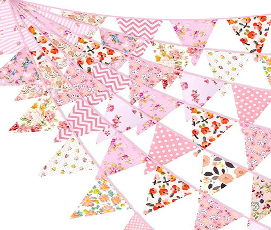 Vintage style fabric bunting 50ft - pink