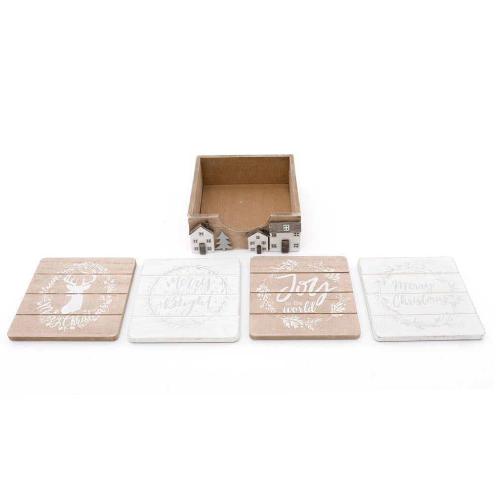 Natural Christmas house coaster set
