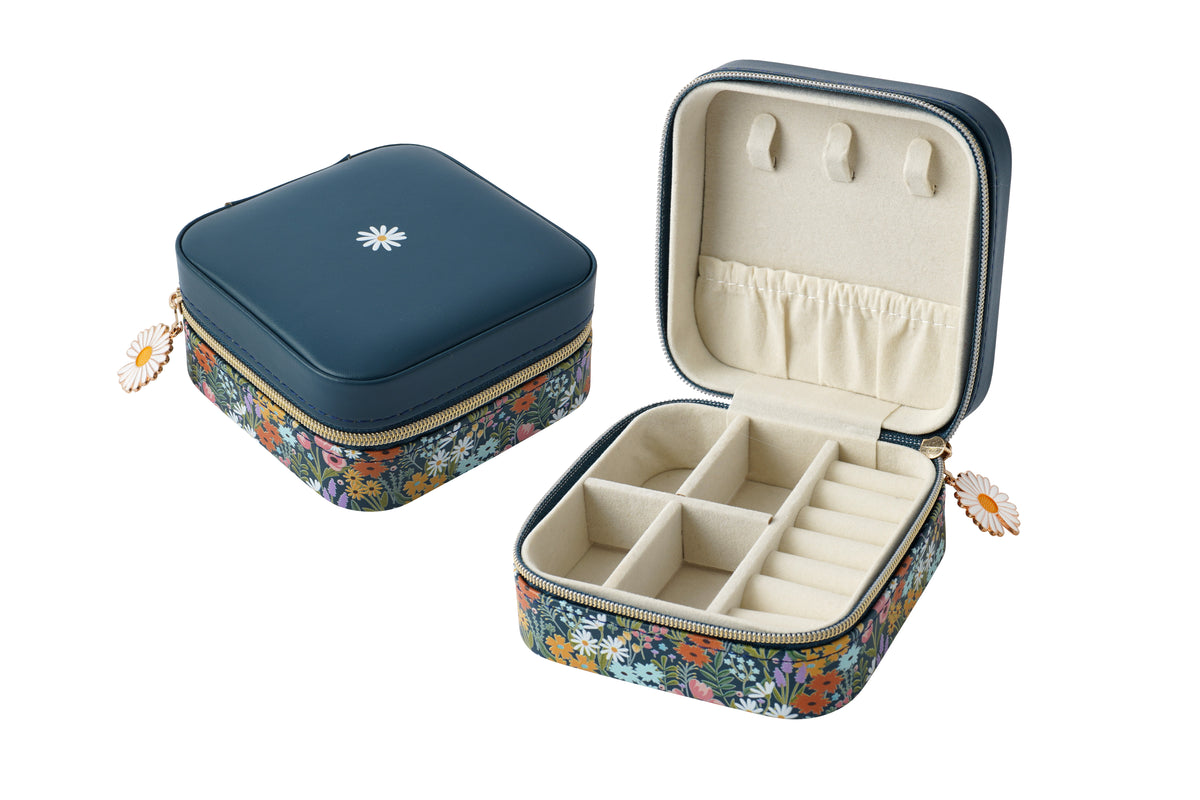 Navy floral travel jewellery box