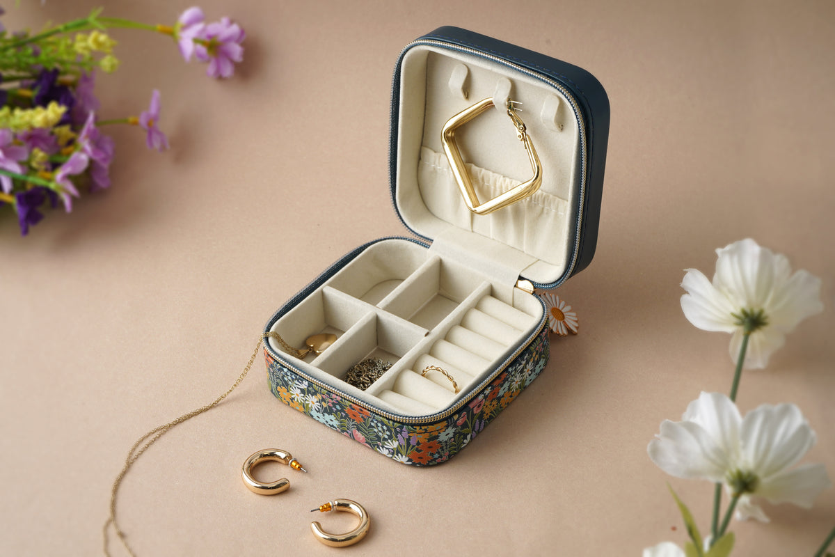 Navy floral travel jewellery box