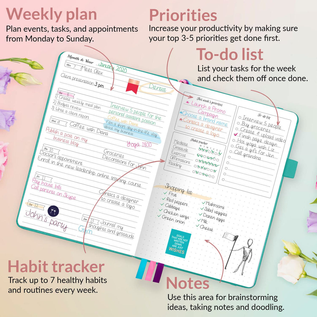Go Girl undated planner with stickers - turquoise