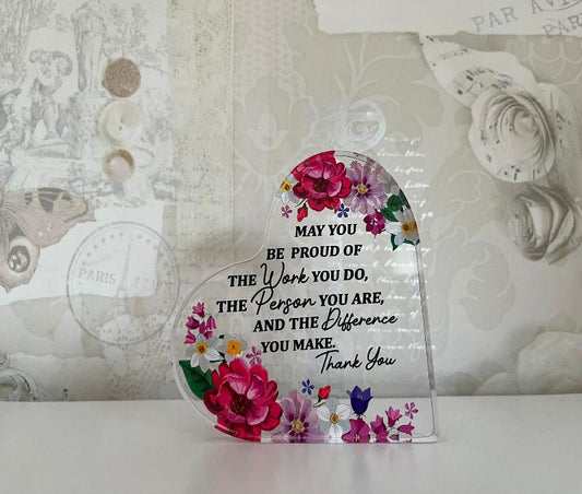 Acrylic heart shaped paperweight plaque - thank you appreciation gift