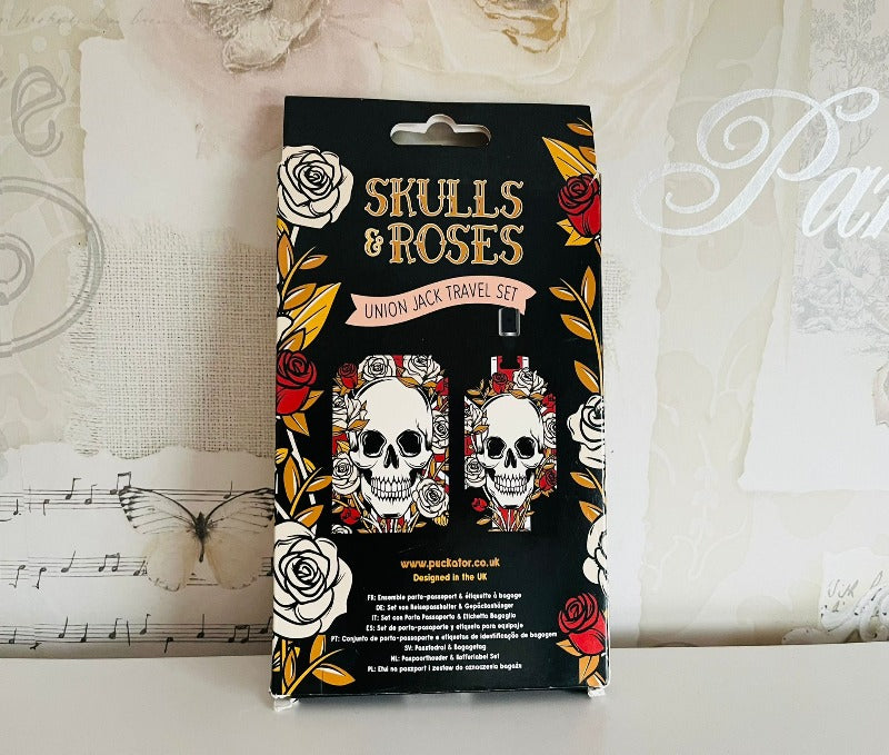 Passport cover & luggage tag gift set - skulls & roses design