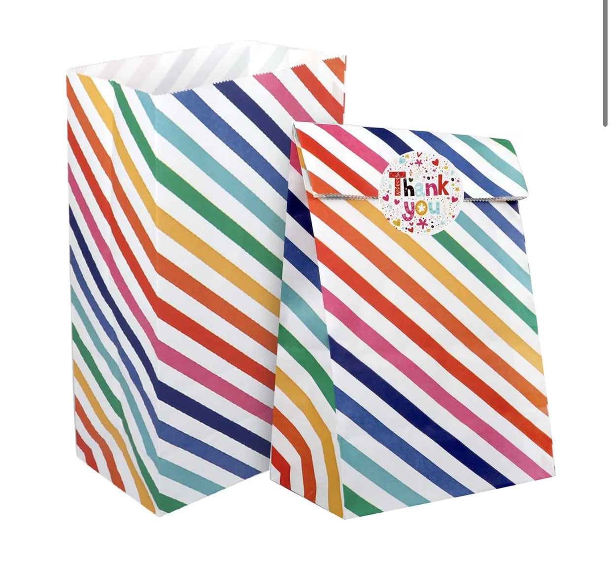 Paper bags - rainbow stripes & thank you stickers (pack of 36)