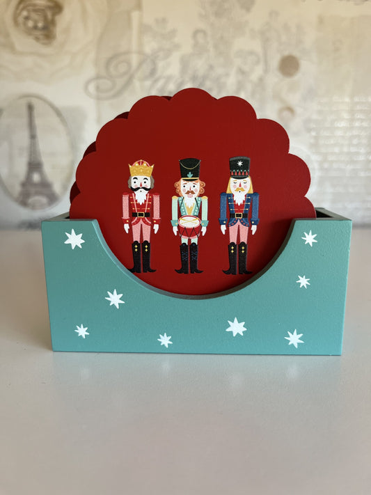 Nutcracker wooden Christmas coaster set of 4 in holder
