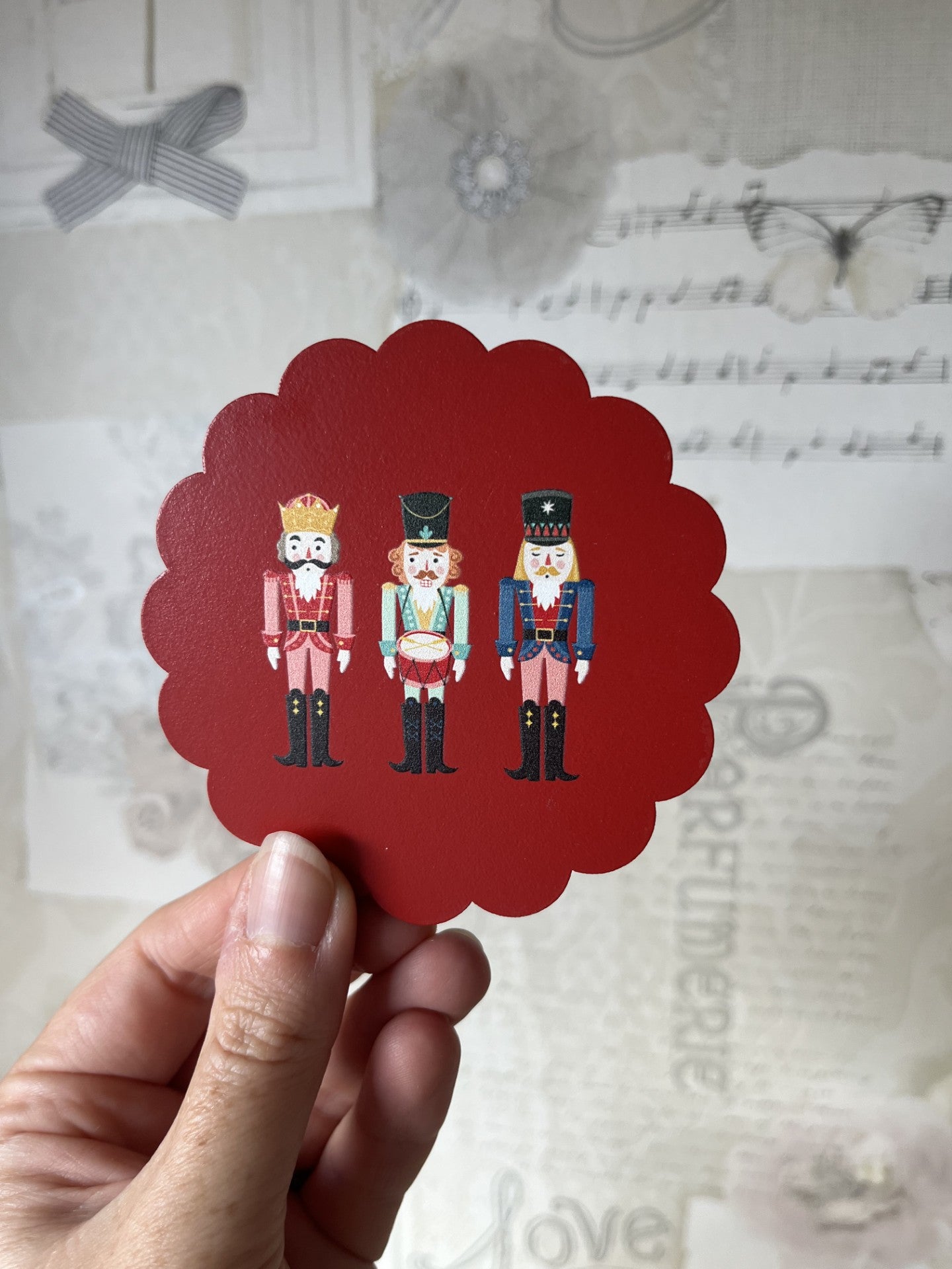 Nutcracker wooden Christmas coaster set of 4 in holder