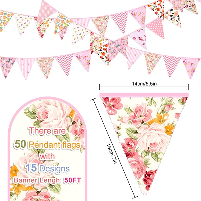 Vintage style fabric bunting 50ft - pink