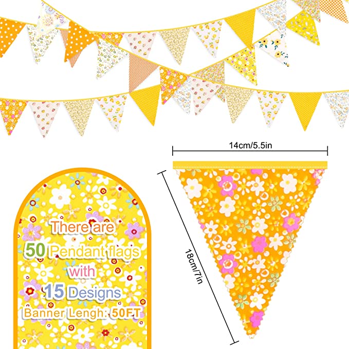 Vintage style fabric bunting 50ft - yellow